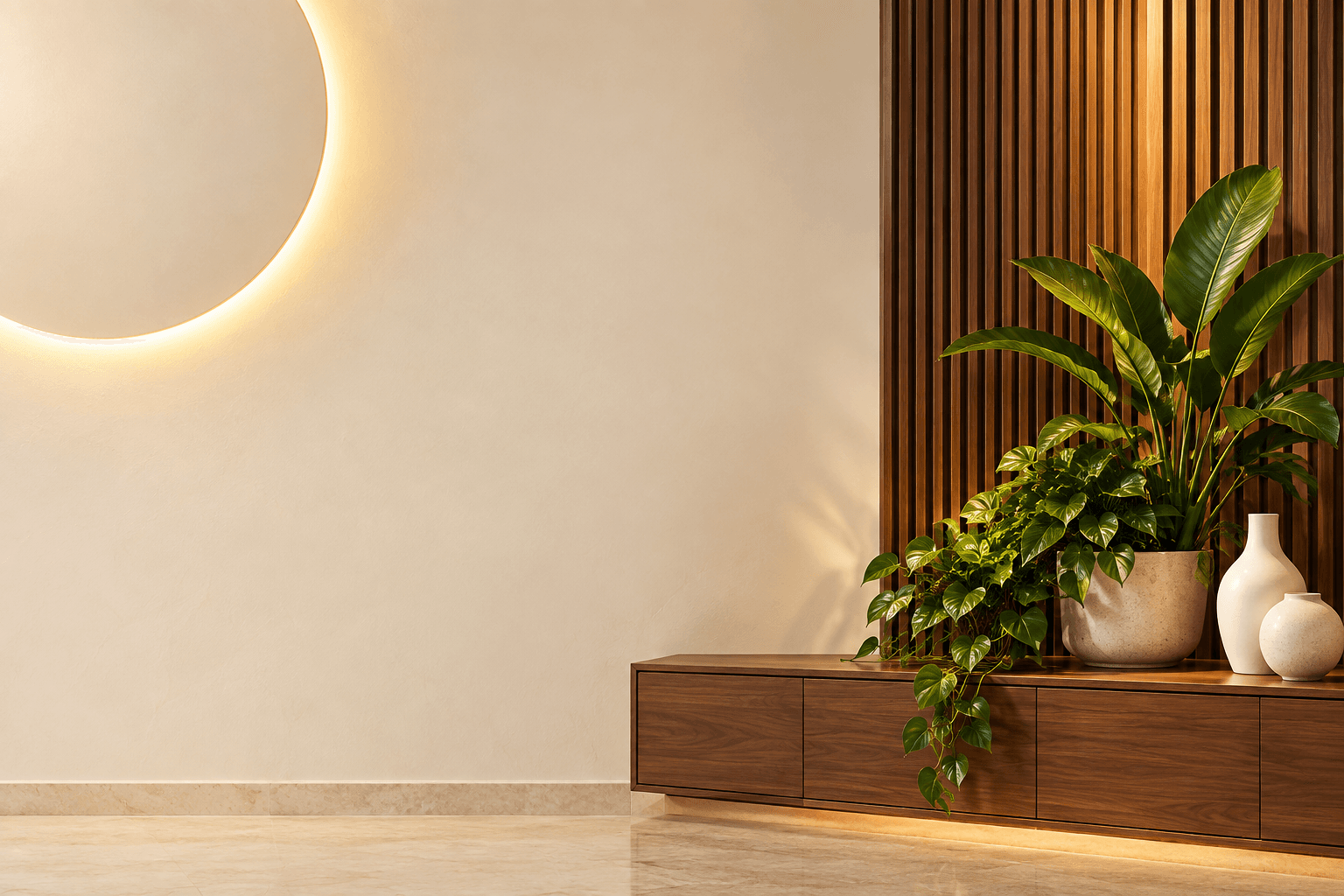 Warm interior vignette with timber detailing and plants